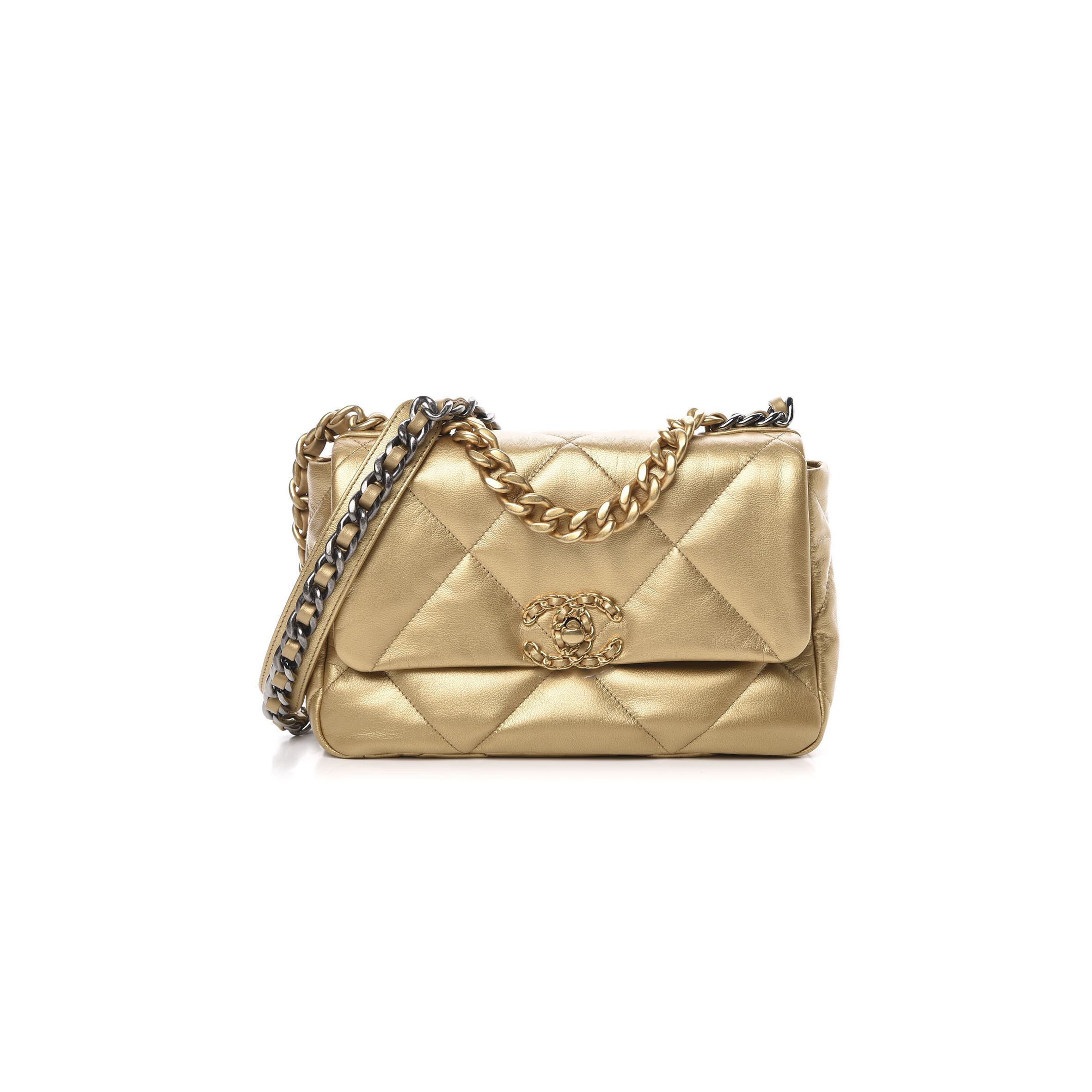 Ch*el 19 flap metallic goatskin quilted medium gold as0060 (26*16*9cm)